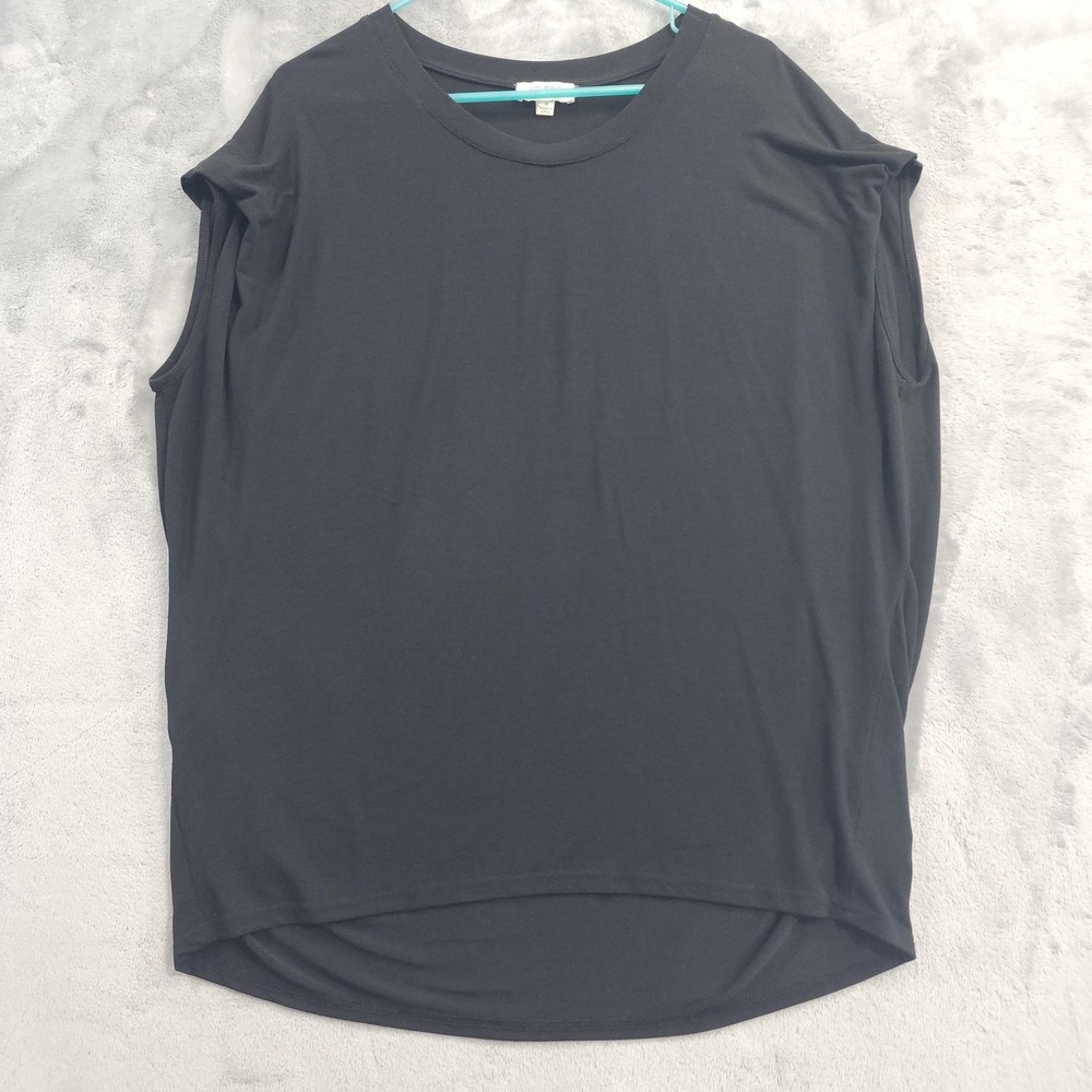 Umgee Top Womens M Black Pleated Cap Sleeve High Low Hem Tunic Jersey Knit Loose